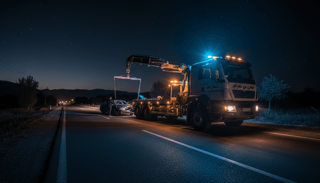 Emdadmazand24 towing truck responding to disabled vehicle on Mazandaran road at night