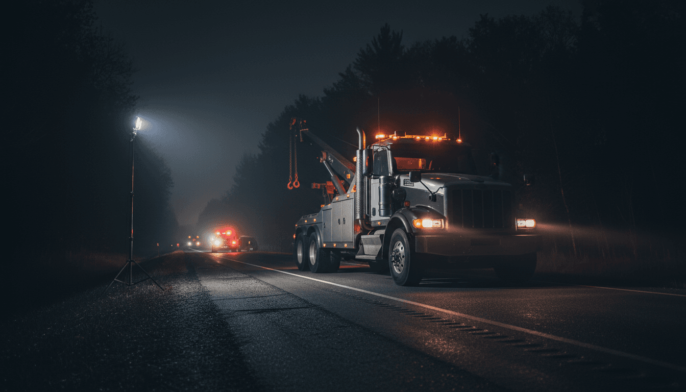 Professional tow truck with crane equipment on duty at night on a highway